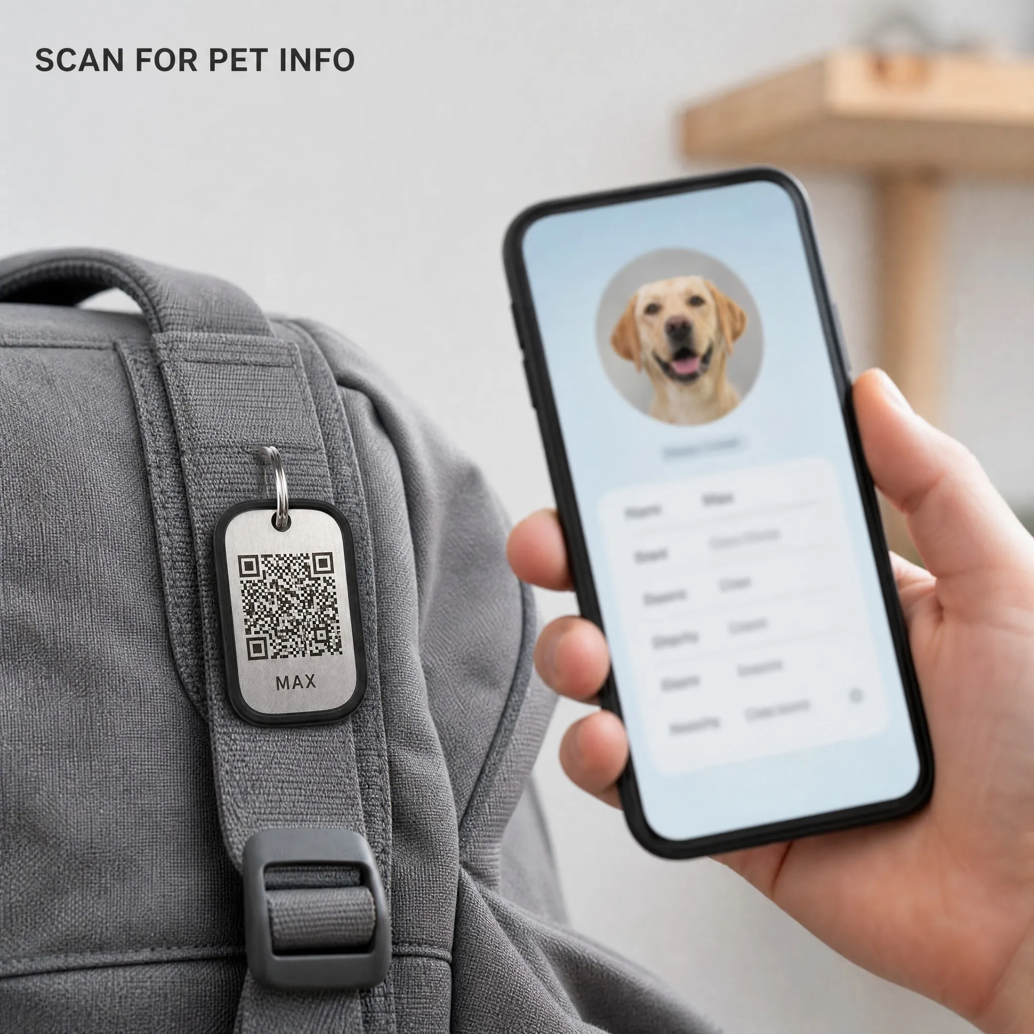 Hand holding a smartphone scanning the QR code dog tag