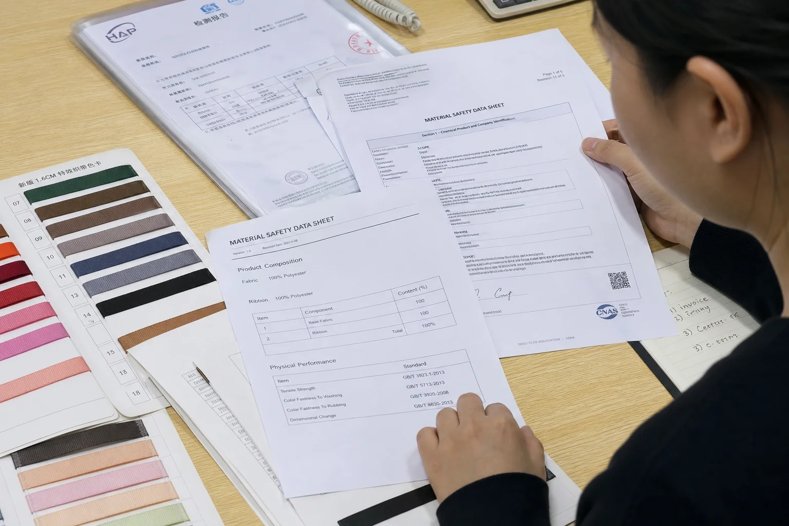 B2B buyer reviewing OEKO-TEX certification documents alongside ribbon samples for food packaging supplier evaluation