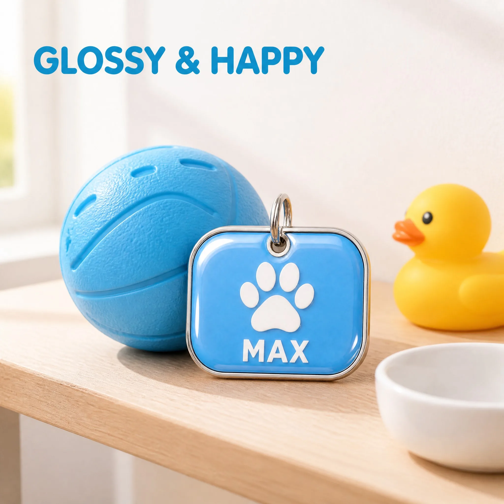 Epoxy dog tag displayed on a bright playroom shelf with a toy