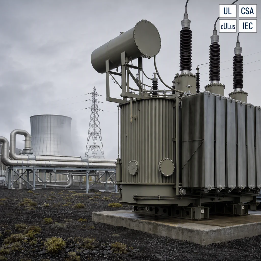Oil-immersed geothermal power plant transformer with radiator bank and cooling tower at a geothermal generation site