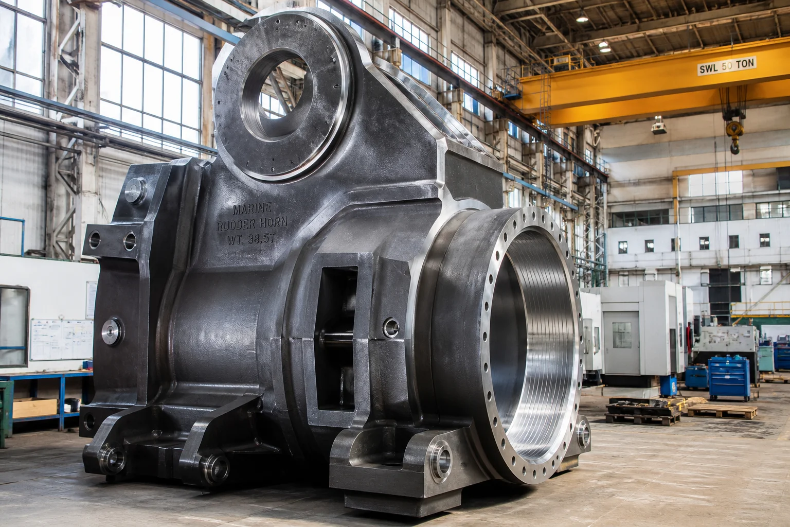 Heavy cast steel marine rudder horn and stern tube casting in shipyard machine shop