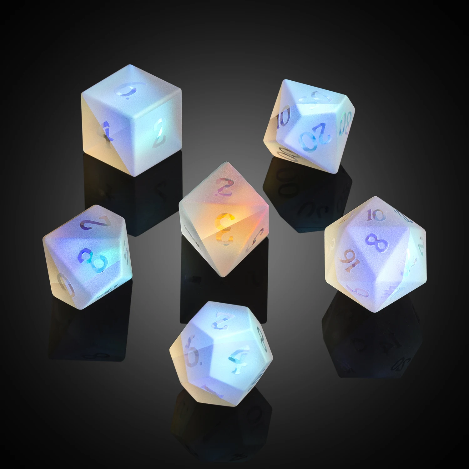 

Wholesale Engraved Gemstone Dice Custom Rainbow Prism Glass DND Gem Dice Stone Polyhedral Dice Set K9 Frosted Colorful Glass D20