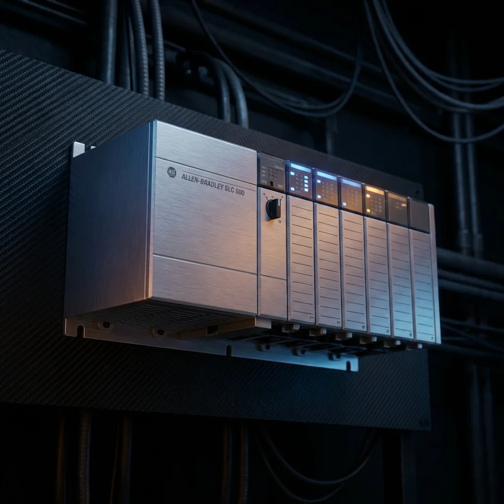 Render técnico 3D del rack PLC Allen-Bradley SLC 500
