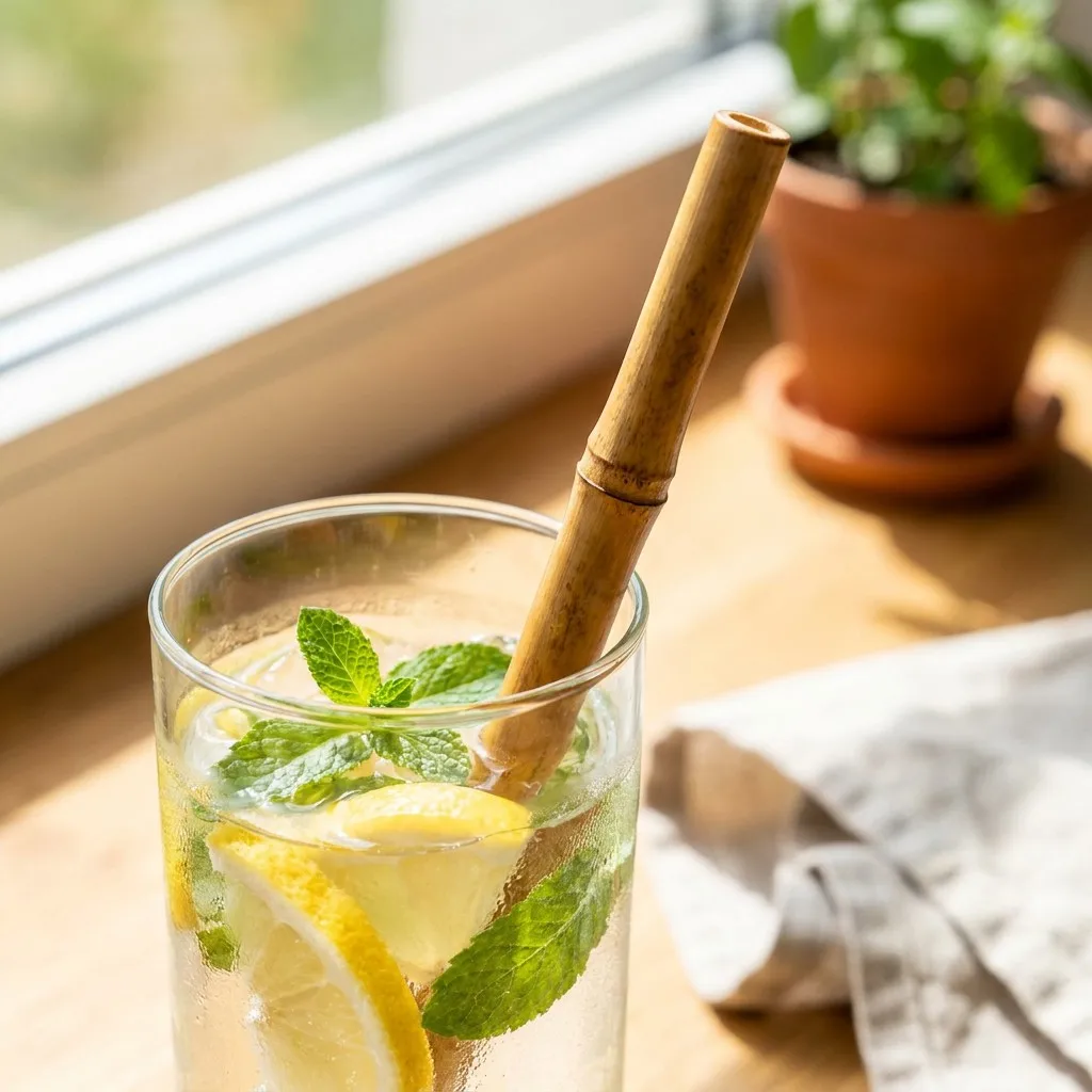 Decorative organic bamboo straw in tall glass of iced fruit-infused water with lemon and mint
