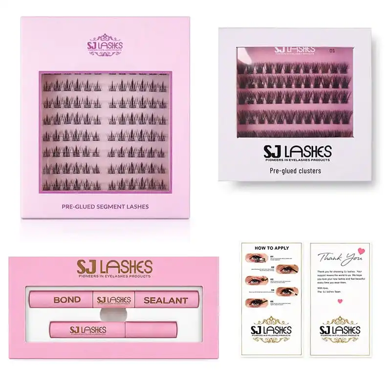 Complete DIY lash kit packaging lineup on white background showing the segment box, the numbered cluster box, the bond sealant remover box and both cards - lash kit packaging set