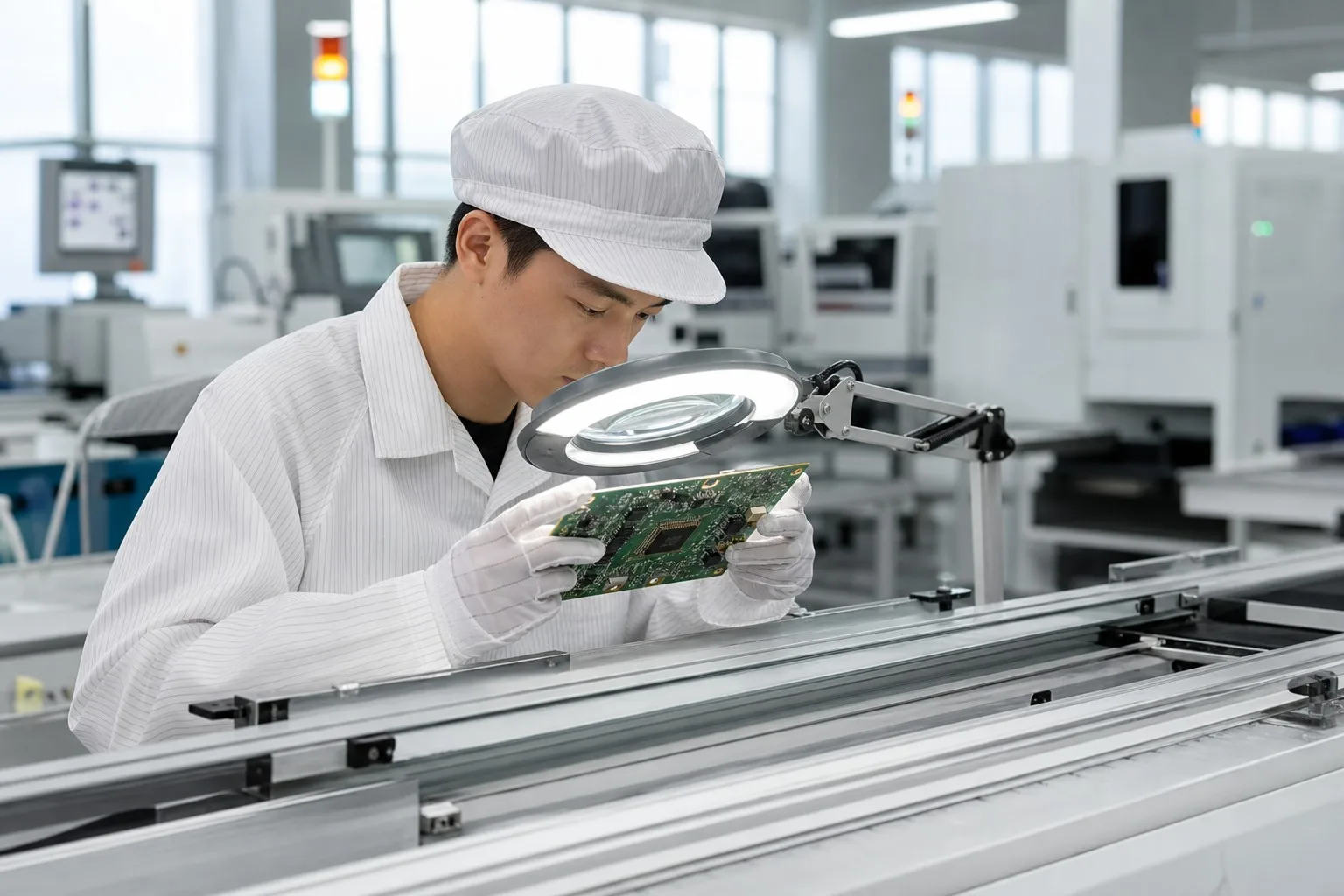 Technician inspecting an assembled PCBA at a pilot production line