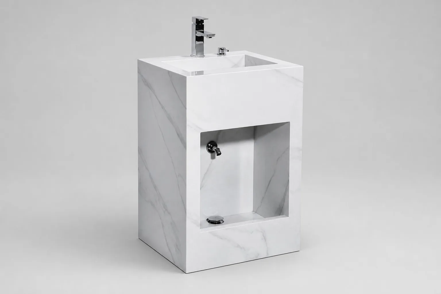 White sintered stone hand and foot wudu basin unit with top basin and recessed foot niche