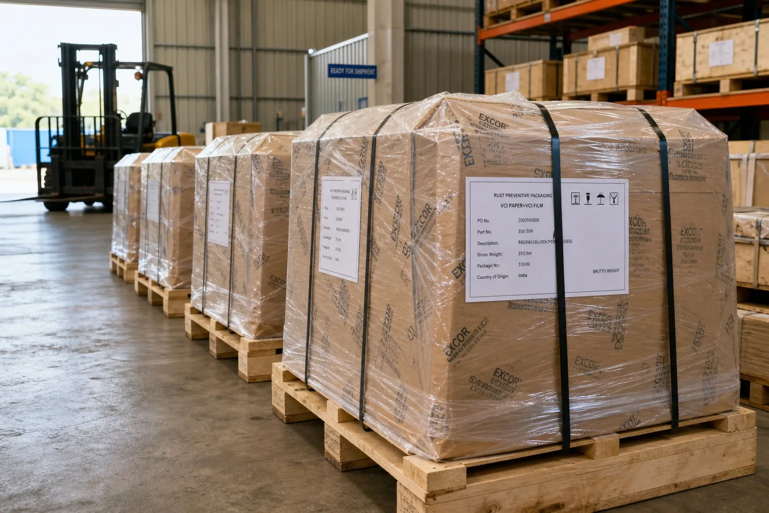 Rust-prevented castings wrapped in VCI paper secured on pallets for export