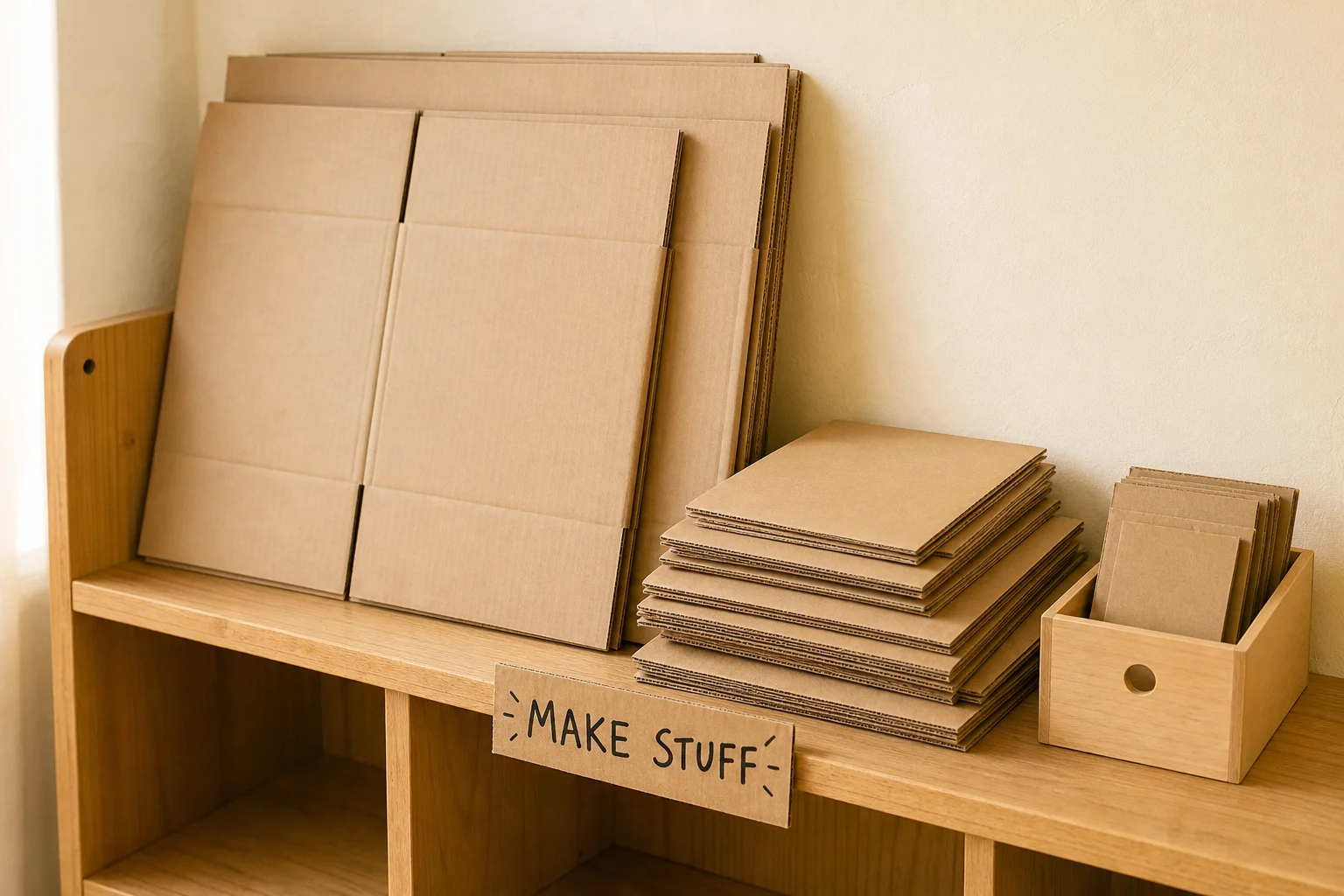 Tidy home craft shelf with clean cardboard pieces stored in three sizes — VOGALAB