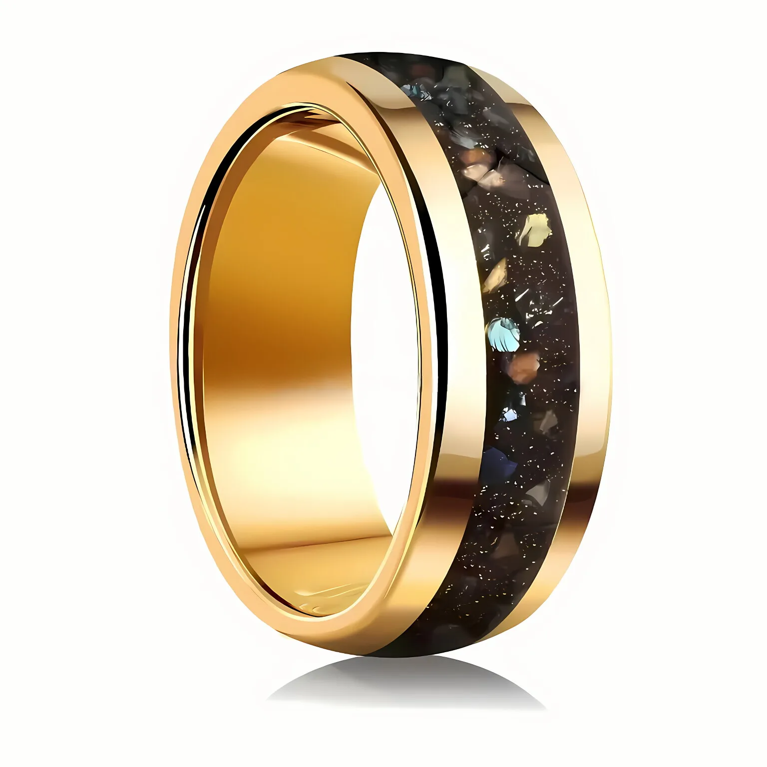 POYA 8mm Classic Gold Tungsten Carbide Wedding Band for Men Black Galaxy Inlay for Engagement Gift and Anniversary