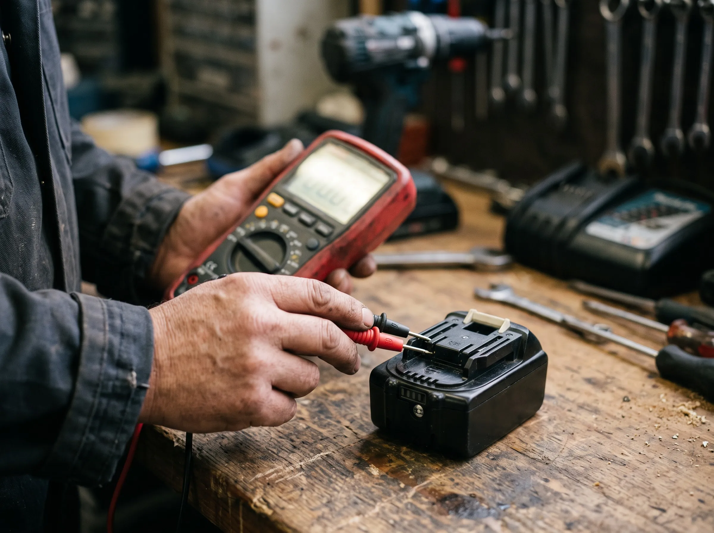 Testing a power tool battery terminal voltage with a digital multimeter