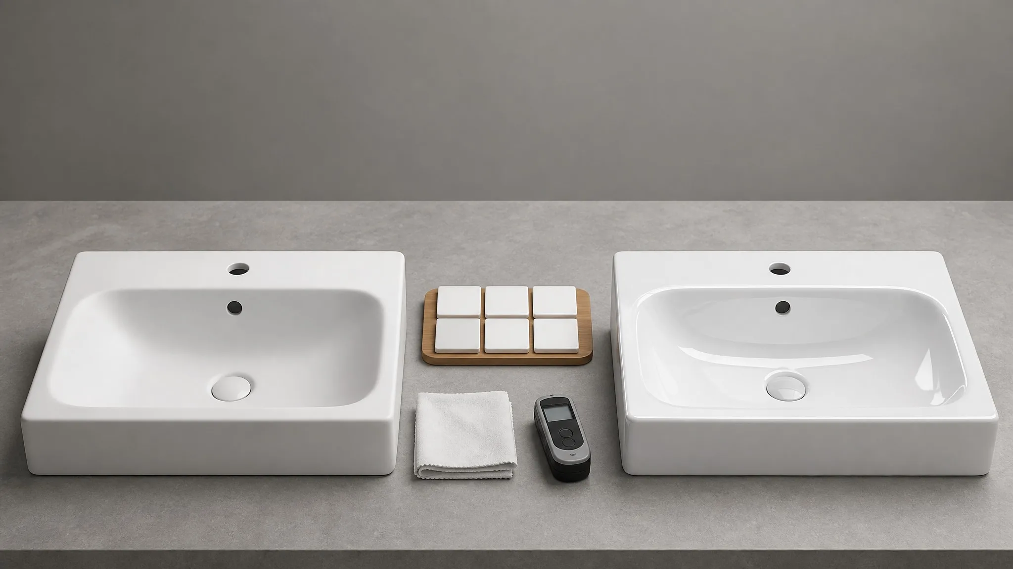 info-1-1 Matte vs gloss ceramic basin side-by-side comparison with sample tiles, cleaning cloth, and gloss meter in a product laboratory