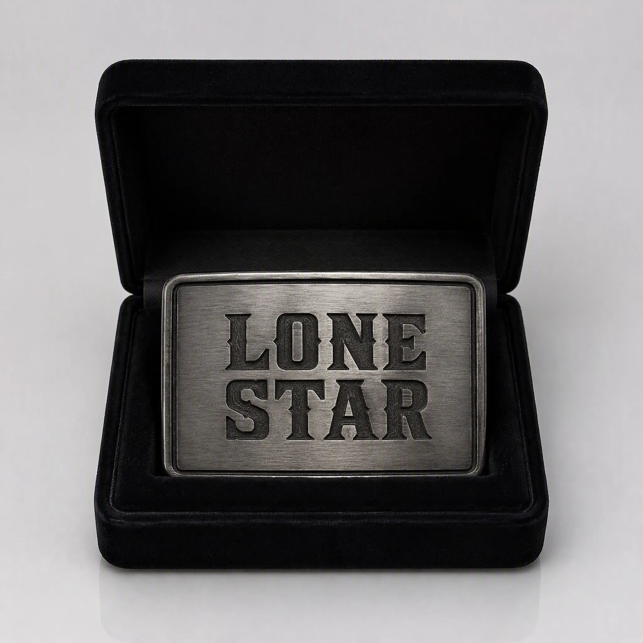 Laser engraved belt buckle in velvet gift box packaging