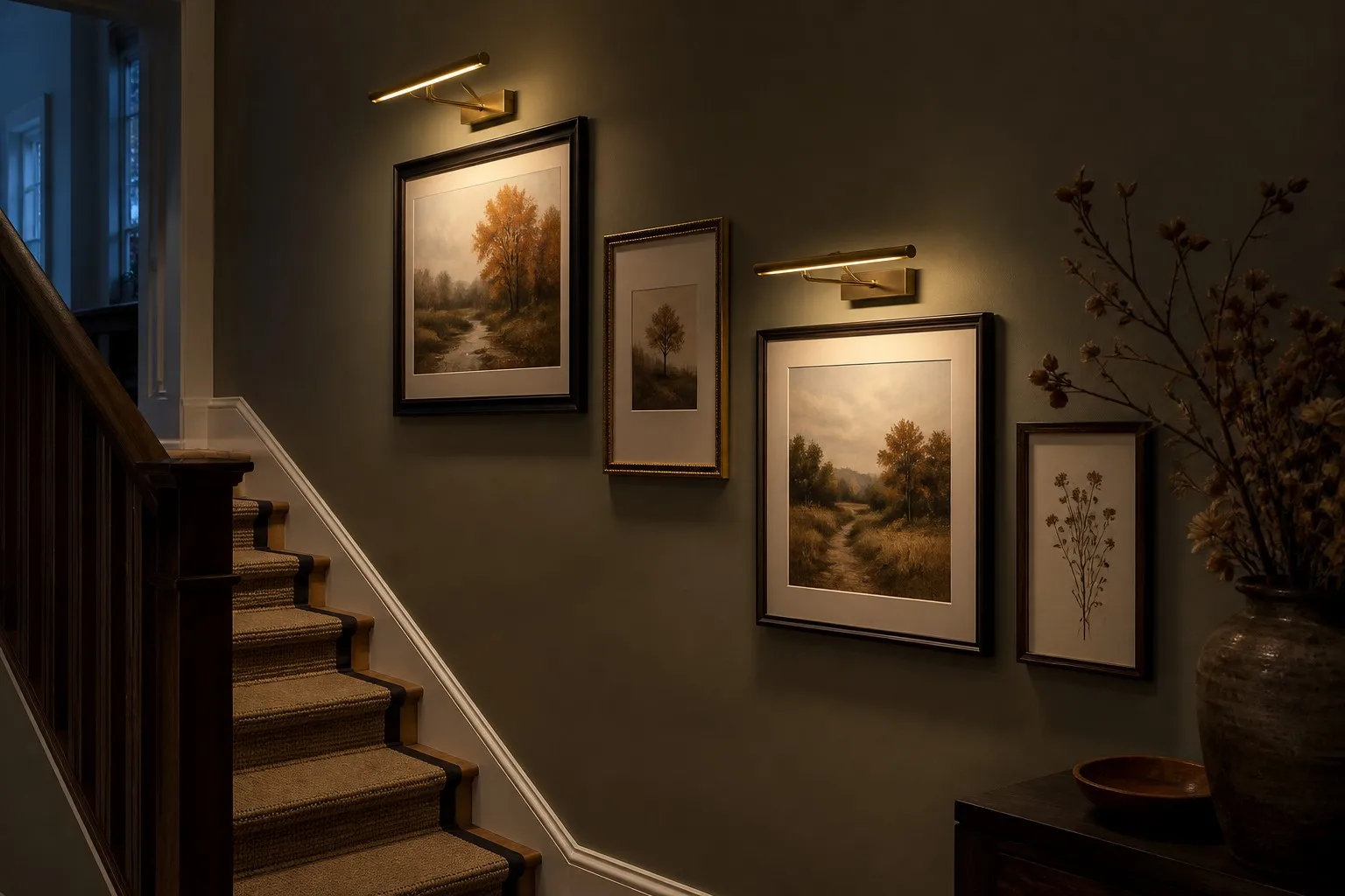Warm antique brass wireless picture lights lighting a stepped gallery wall beside a staircase in the evening