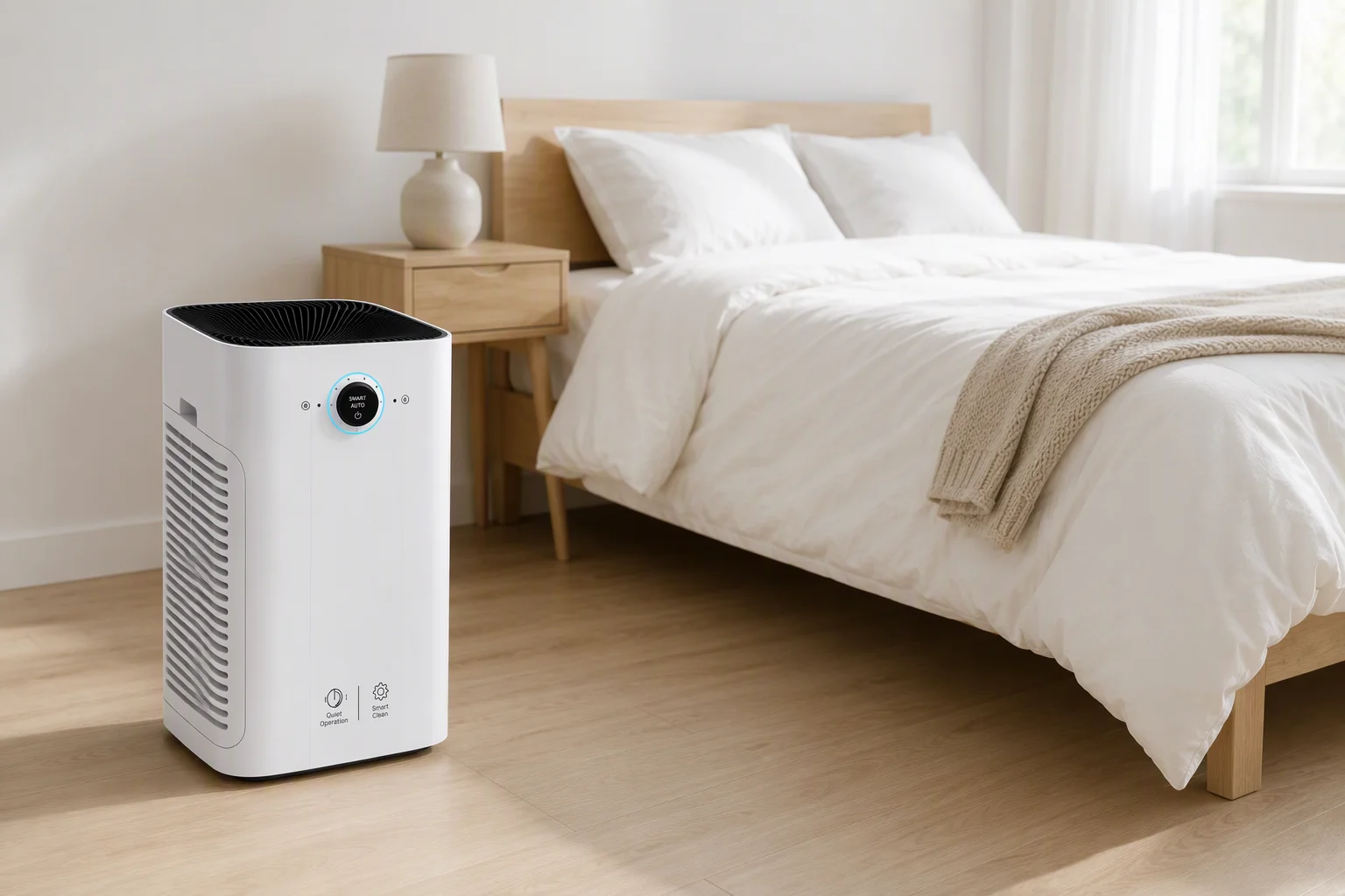 White tower air purifier beside a bed in a bright bedroom