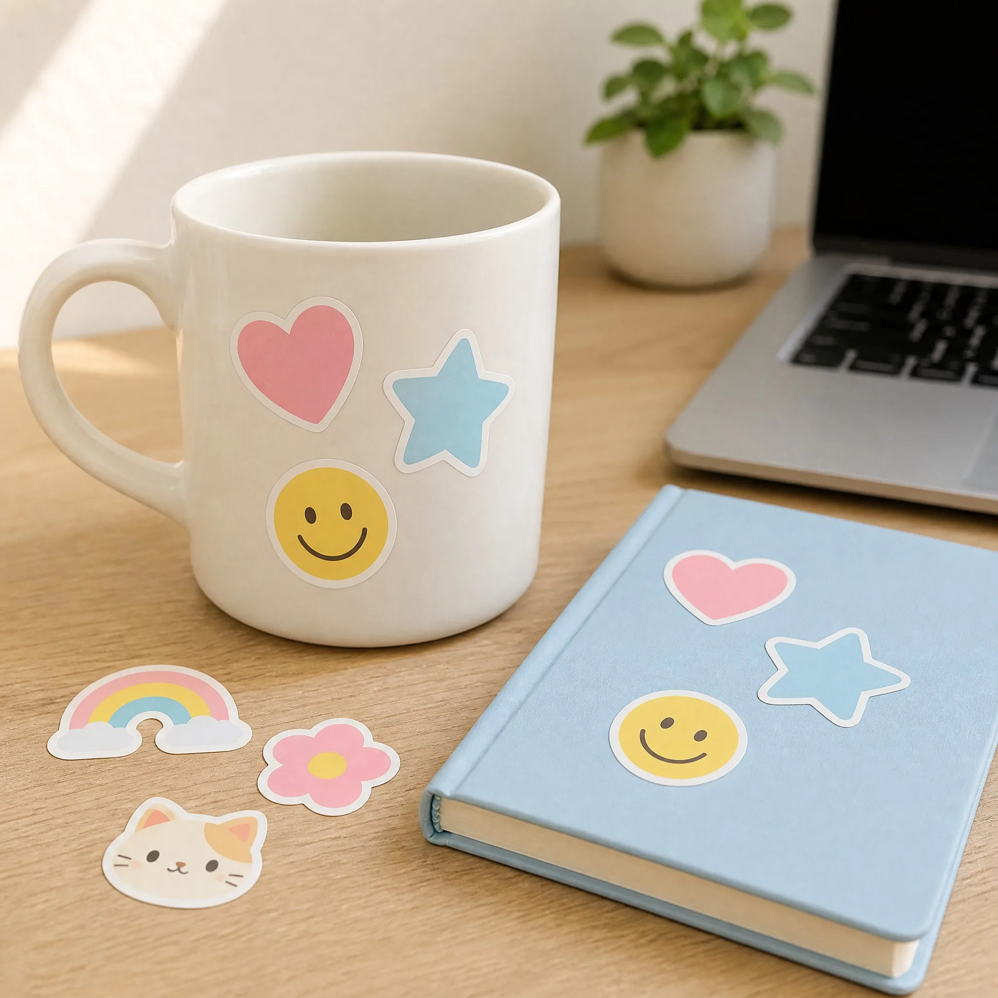 PVC stickers applied on a coffee mug and notebook on a desk