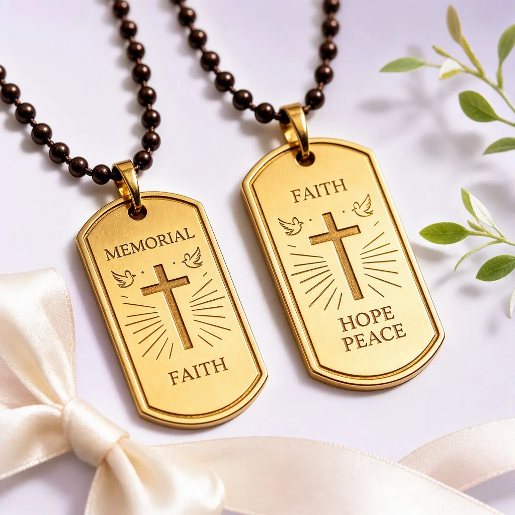 Gold faith dog tag keepsake with cross and dove on lavender studio backdrop