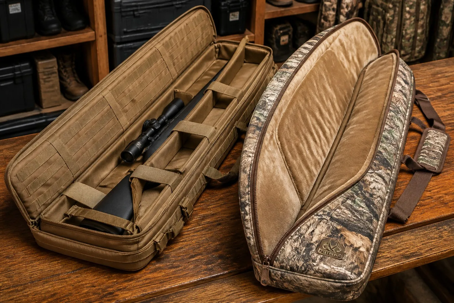 info-1-1 Tactical coyote brown rifle case with MOLLE webbing next to a Realtree camo hunting gun bag with brushed tricot lining