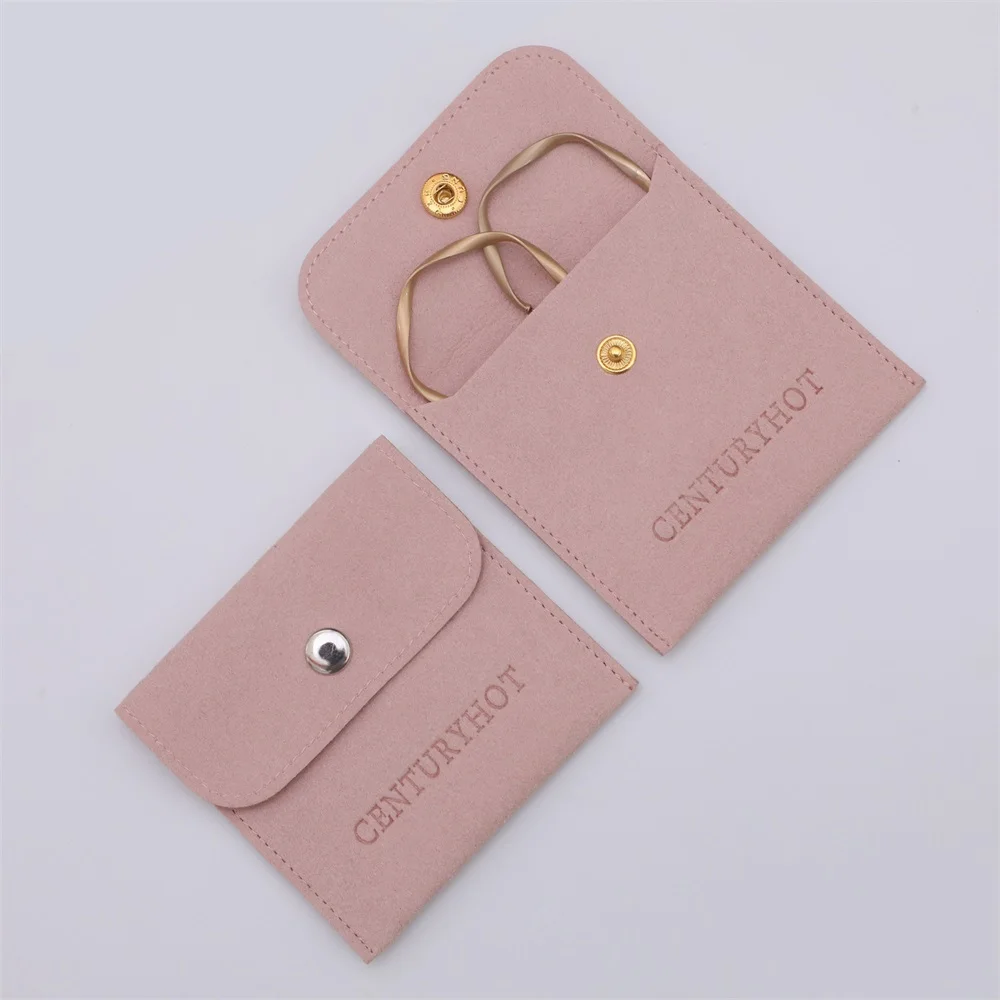 

Pink Microfiber Jewelry Bag Handmade Velvet Jewelry Packaging Pouch with Snap Button Personalized Jewelry Bag With Logo