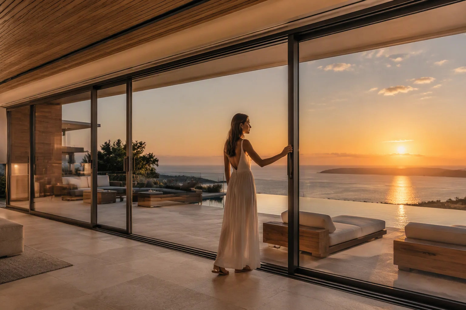 Full Wall Aluminium Lift-Slide Door System Infinity Pool Villa Sunset Richocean Foshan Sliding Doors Manufacturer China Foshan Factory Price Lift-Slide Heavy Leaf Multi-Track Hook Lock