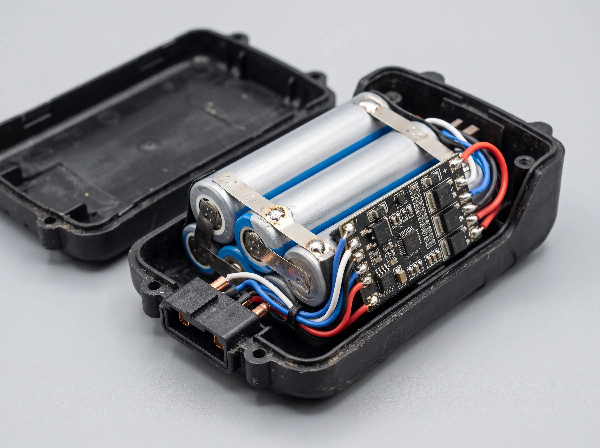 Inside a lithium-ion power tool battery pack: cylindrical cells, nickel strips, and BMS board
