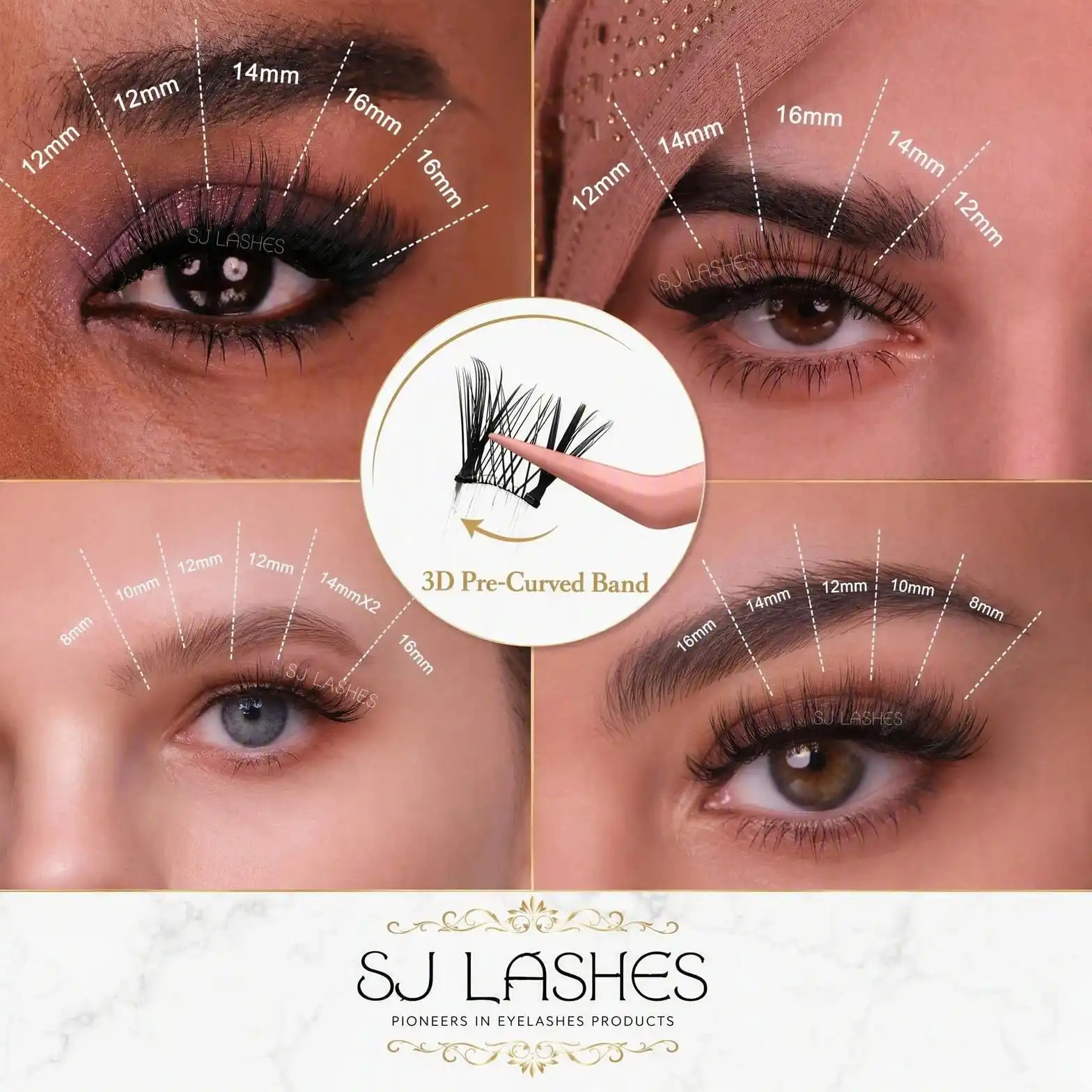 Lash map poster showing four different eye shapes and skin tones with mapped lash lengths from 8mm to 16mm and a 3D pre-curved band callout - pre-curved band lashes on different eye shapes