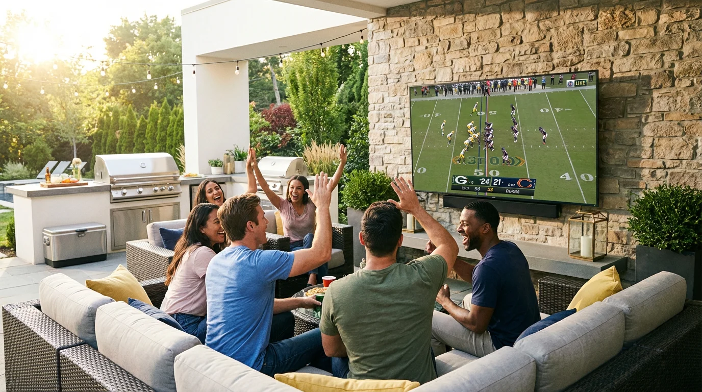 Friends watching sports on an outdoor TV in a bright backyard patio setting