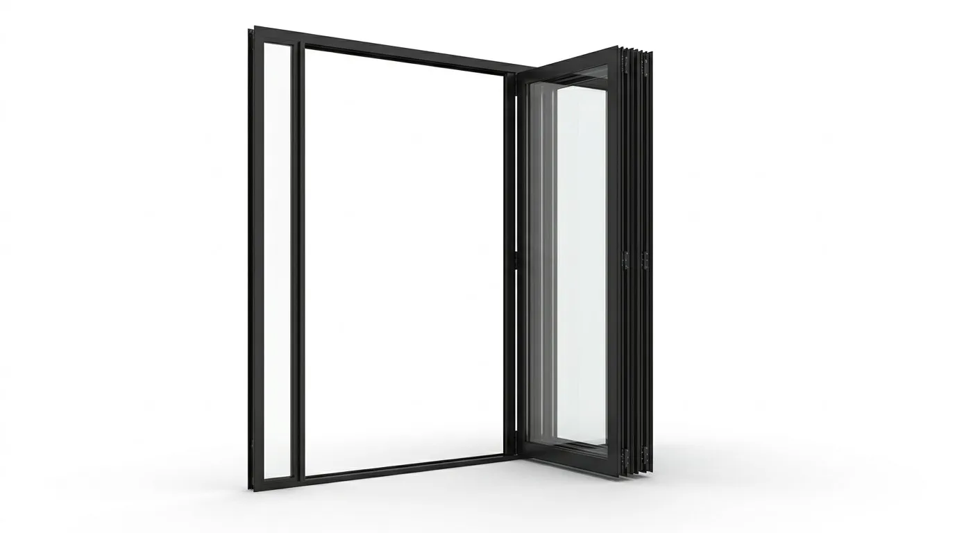 Black aluminum bi-folding door product rendering slim frame China manufacturer Richocean