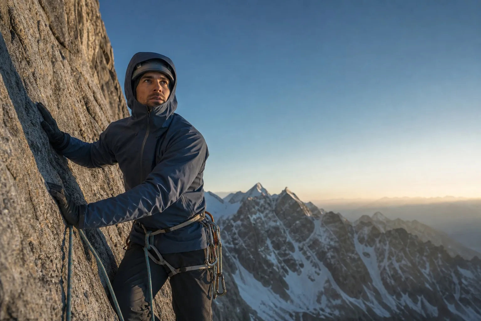 Fully clothed climber wearing an unbranded waterproof technical jacket on an alpine rock face