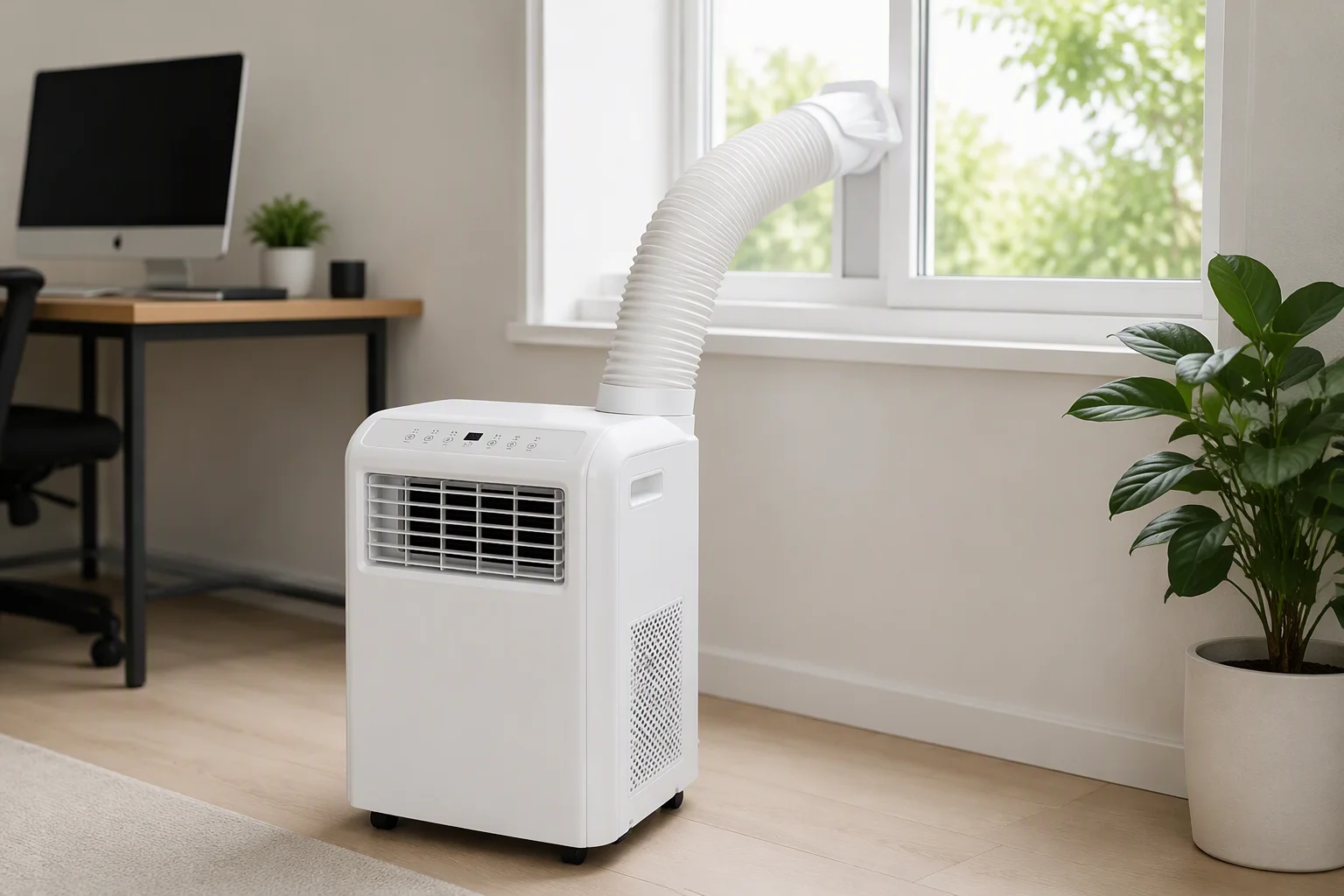Portable air conditioner with hose lifted toward a window in a home office