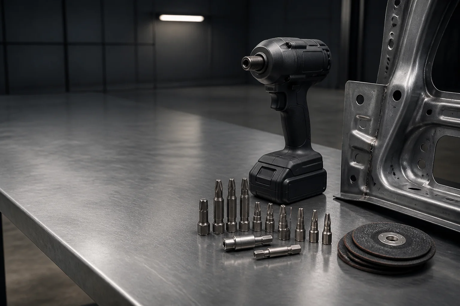Automotive assembly workbench with a cordless impact driver, hex-shank driver bits and a stamped steel panel