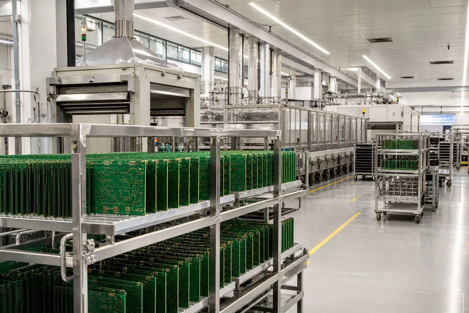 PCB fabrication hall with bare green boards on racks in the production line