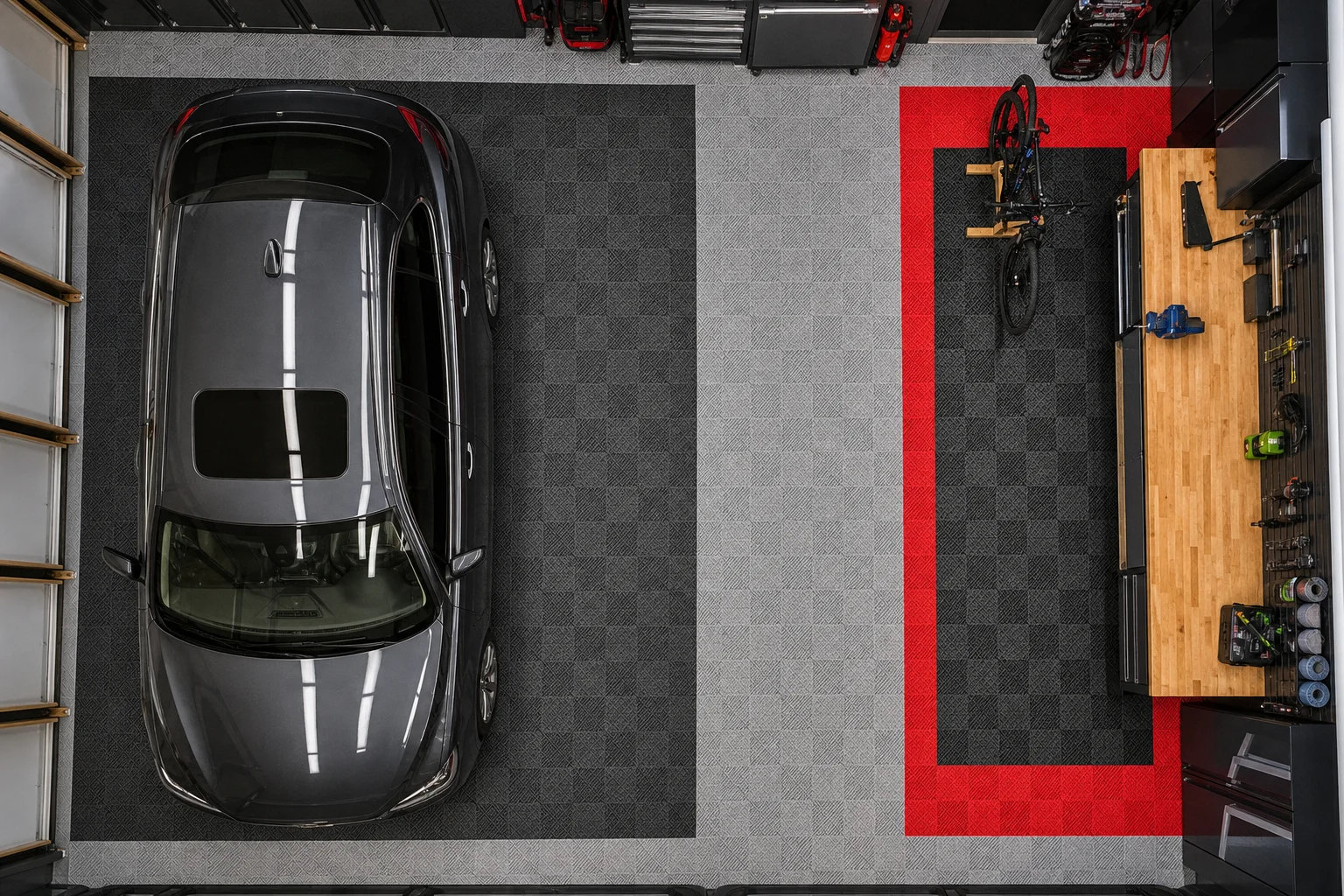 Garage floor tiles in color zones marking parking bay and workspace areas
