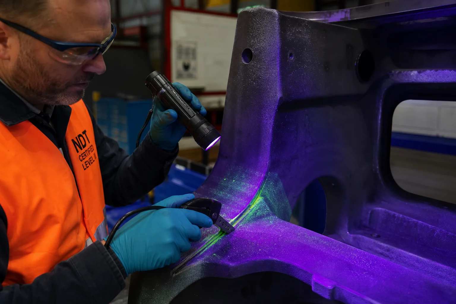 Quality inspector conducting fluorescent magnetic particle inspection MT on side frame pedestal jaw