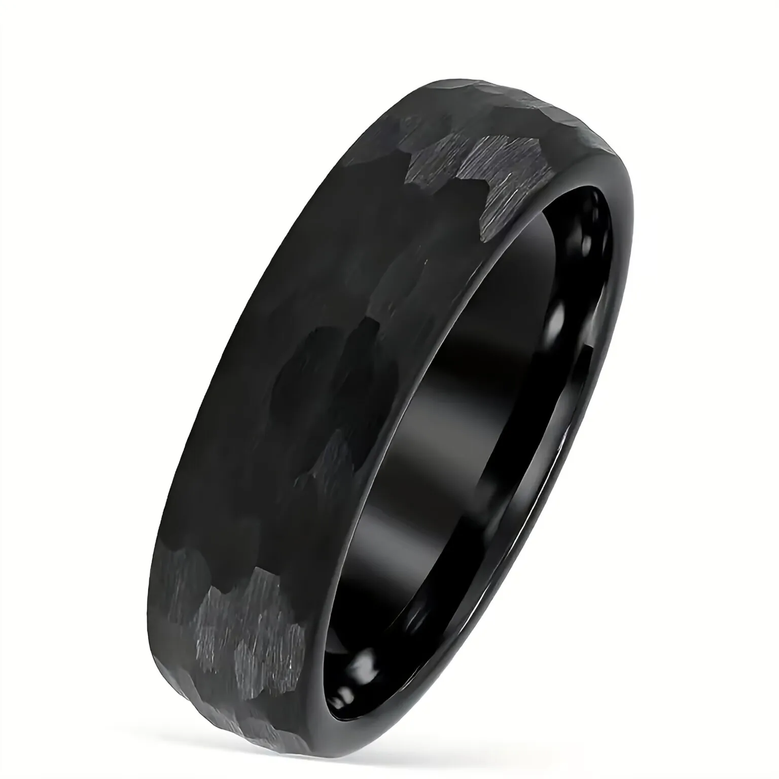 POYA Unisex 6mm Classic Black Hammered Tungsten Carbide Ring  Mens Womens Wedding Engagement Anniversary Gift