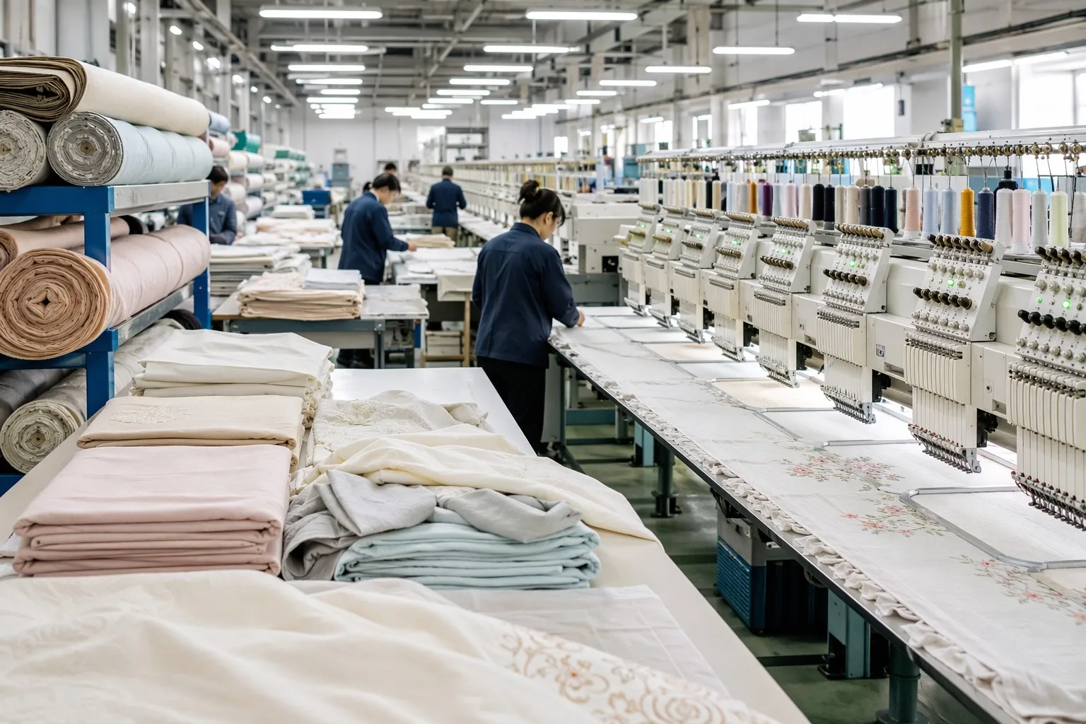 Textile factory production floor with embroidery machinery