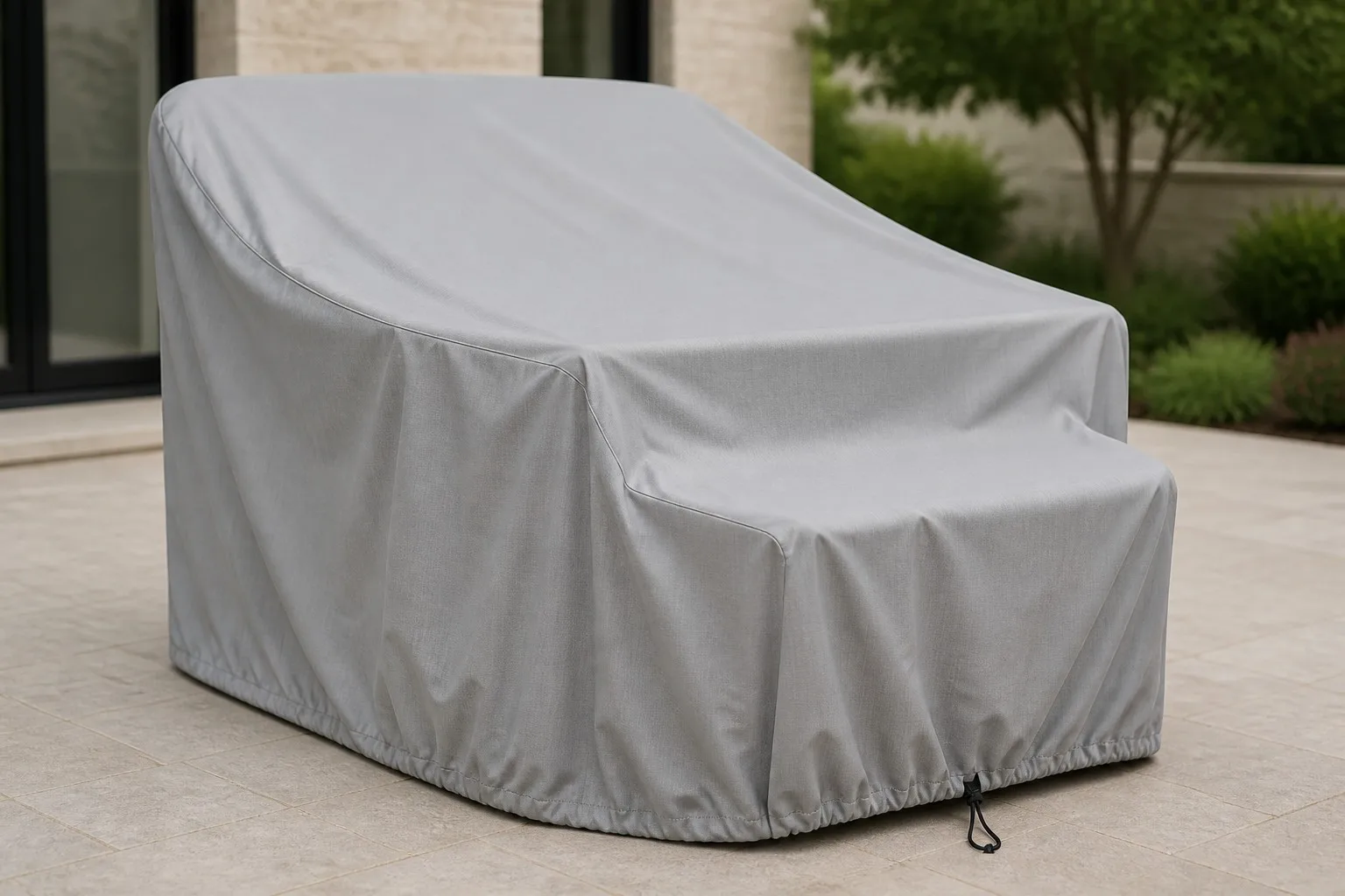 Light grey waterproof oxford cover with drawcord hem draped over an outdoor furniture set