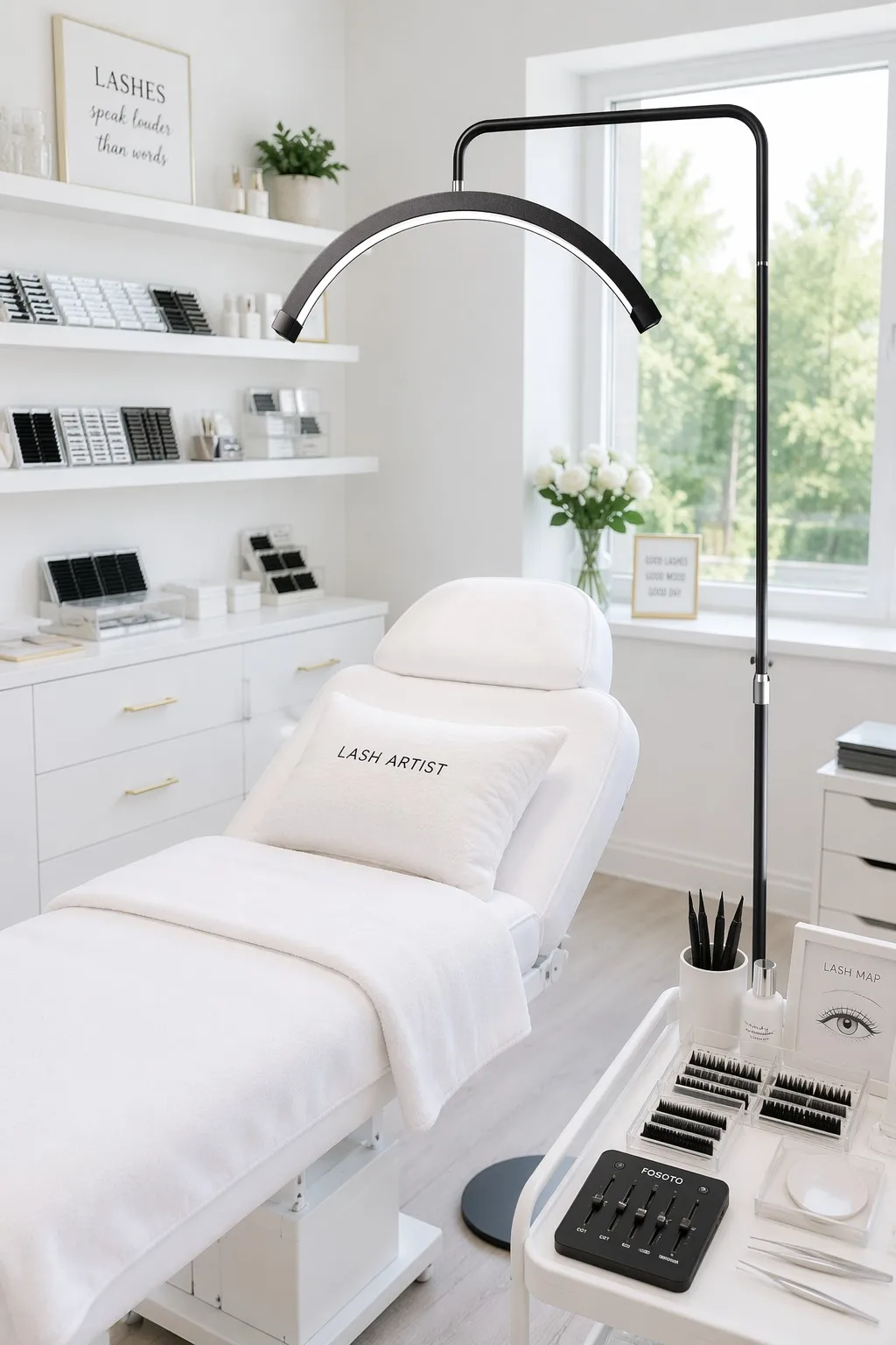 FOSOTO arch LED lamp in a bright modern lash studio