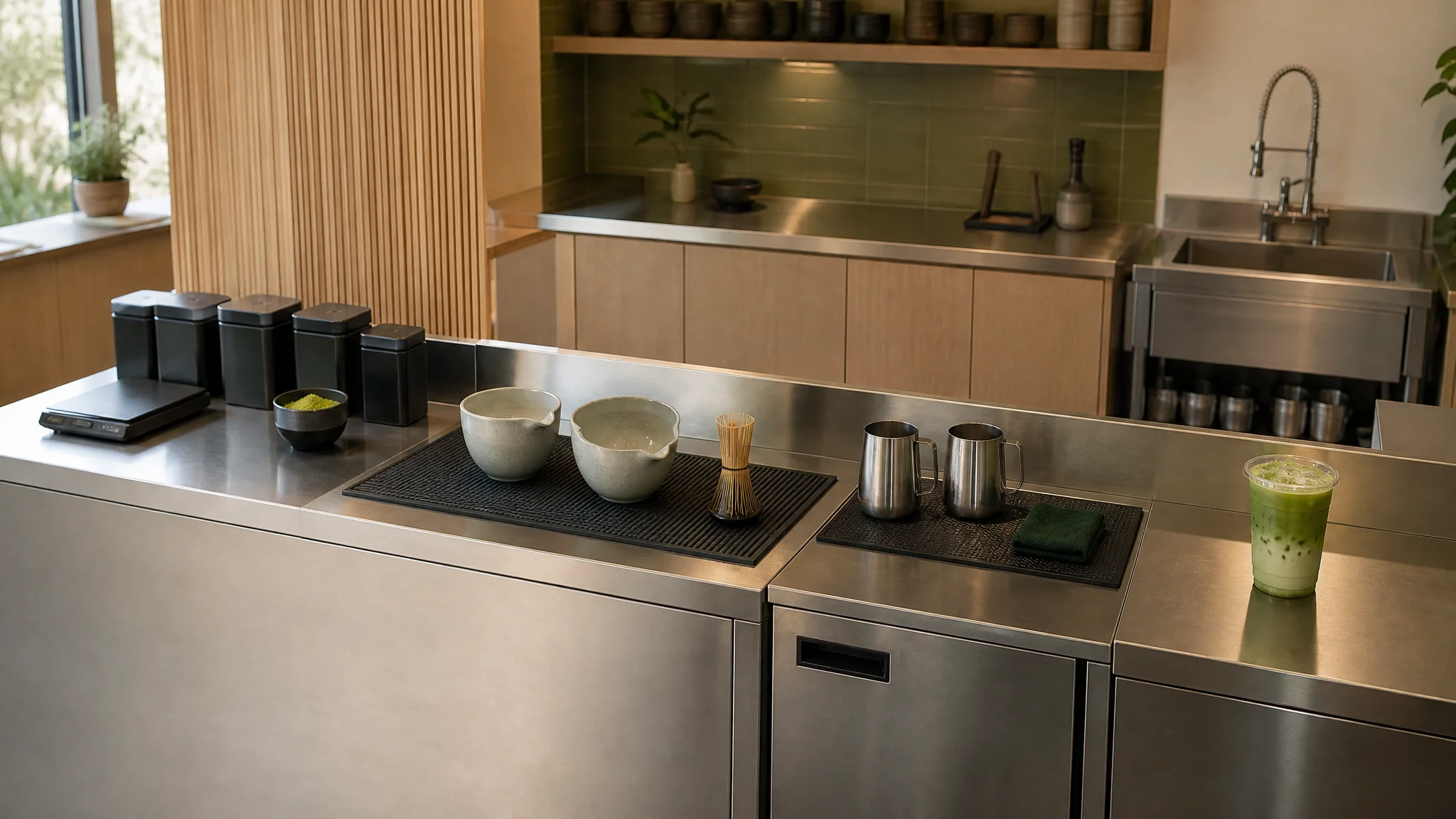Concept matcha station with a dry weighing tray, whisking bowl, separate milk pitcher and downstream iced latte pickup area
