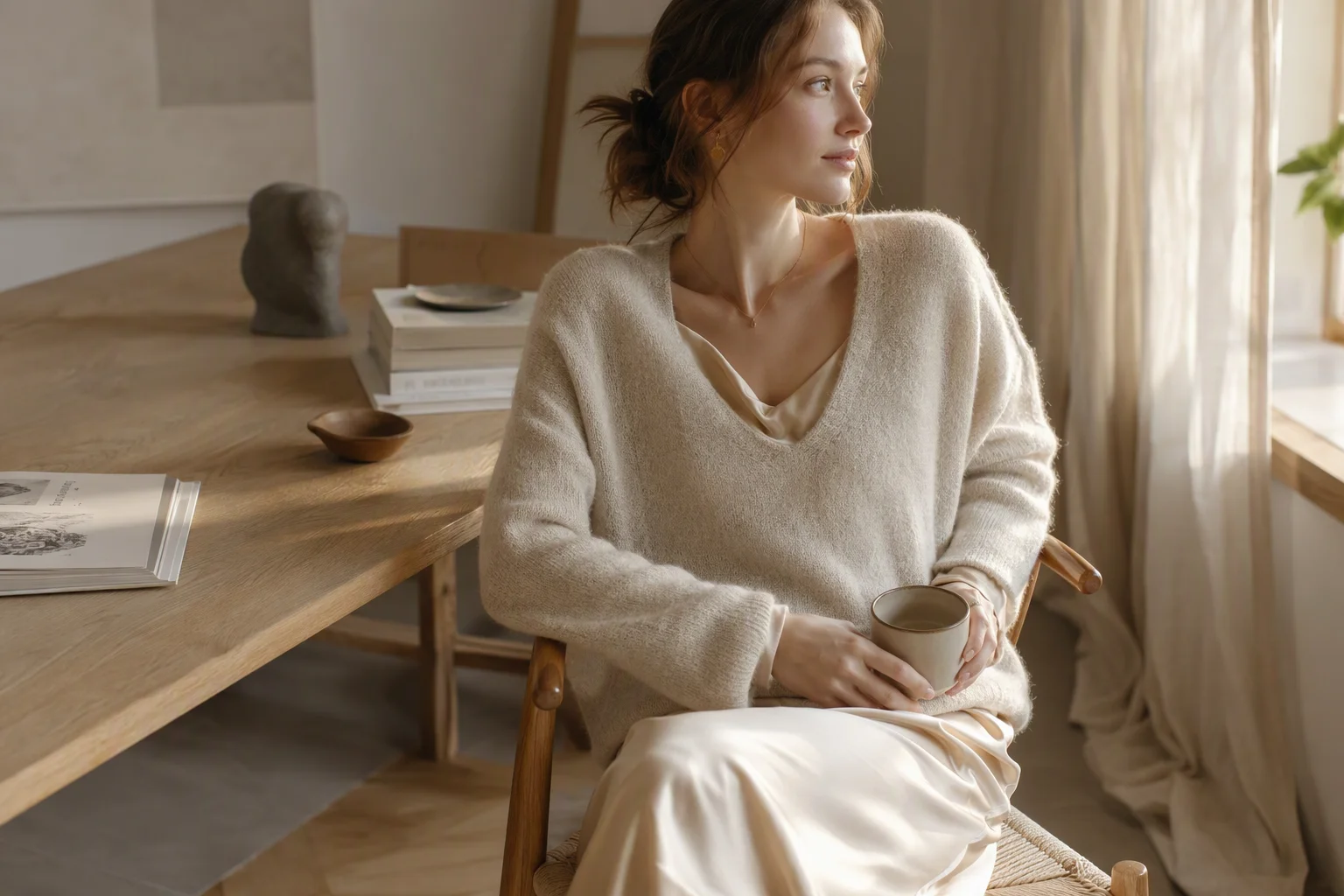 Fine Cashmere Knit Layered Over Pure Mulberry Silk Dress