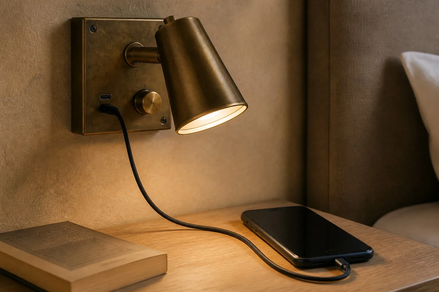 Close-up of a hotel bedside wall lamp with USB-C and USB-A charging ports and a rotary dimmer