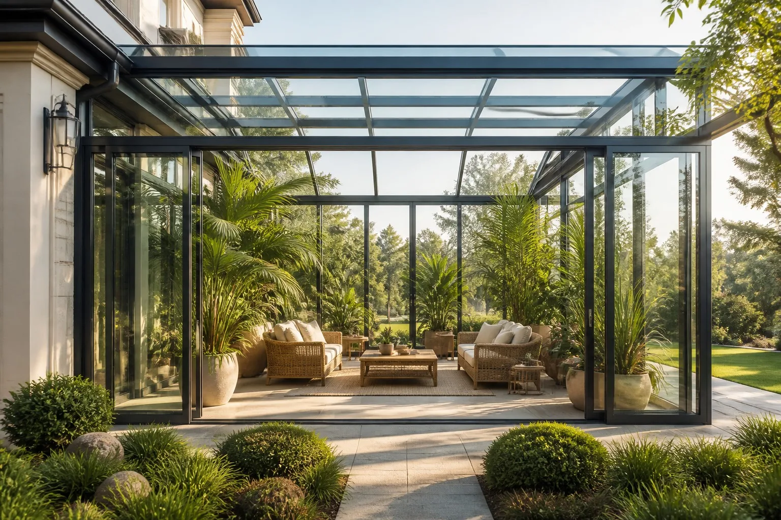 Luxury modern glass sunroom with aluminum framing tropical plants rattan furniture garden view