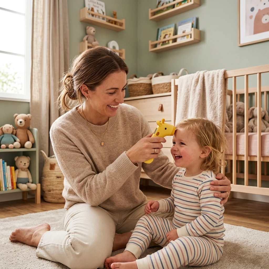 Happy mother and toddler with giraffe thermometer