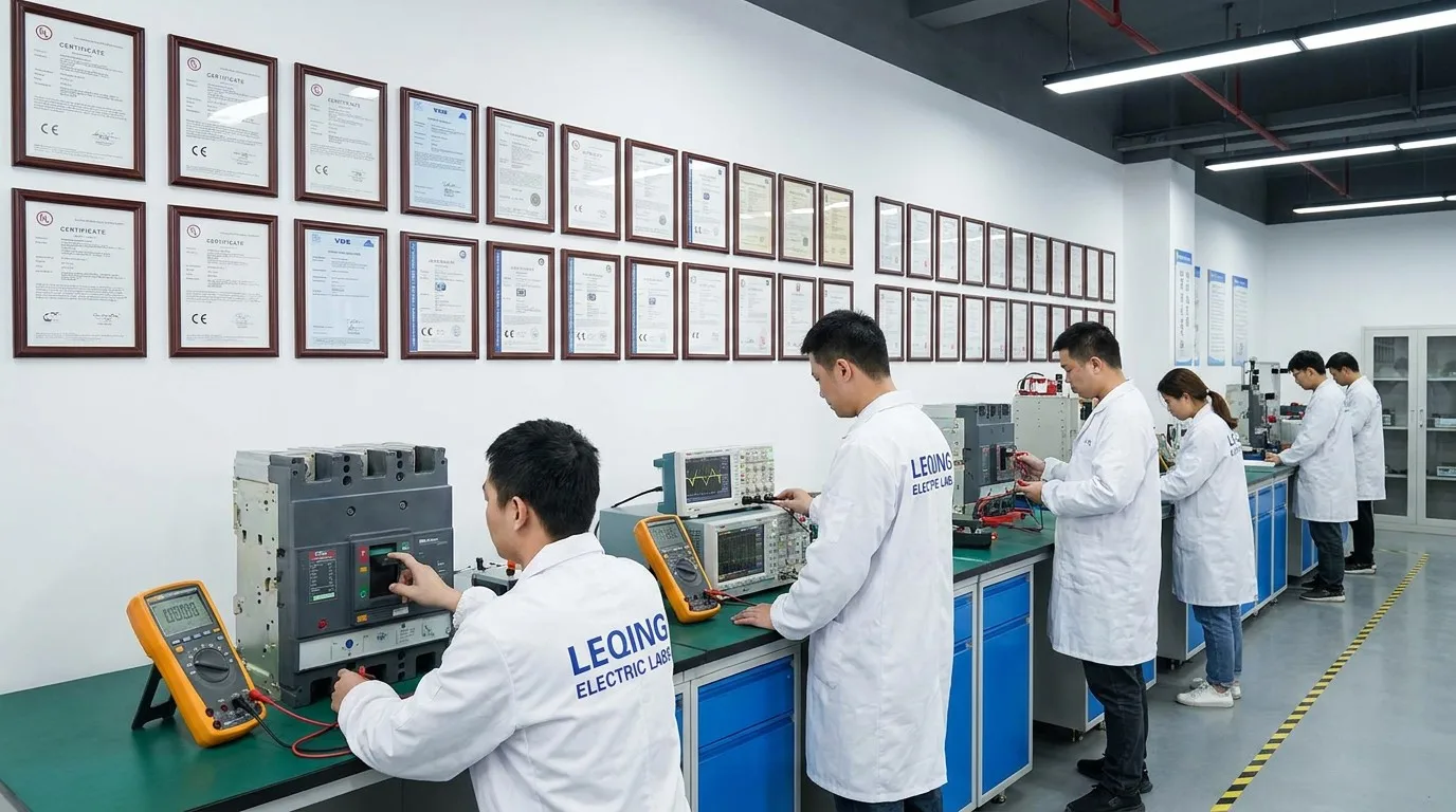 乐清现代化电气实验室实景，技术员正利用精密仪器测试断路器，墙上挂满各类国际认证