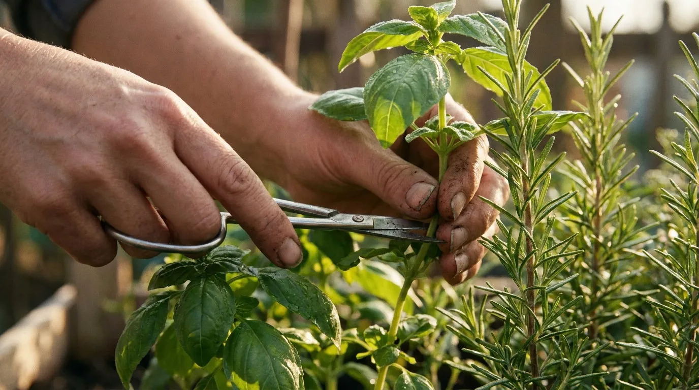 Hands harvesting fresh herbs with precision scissors