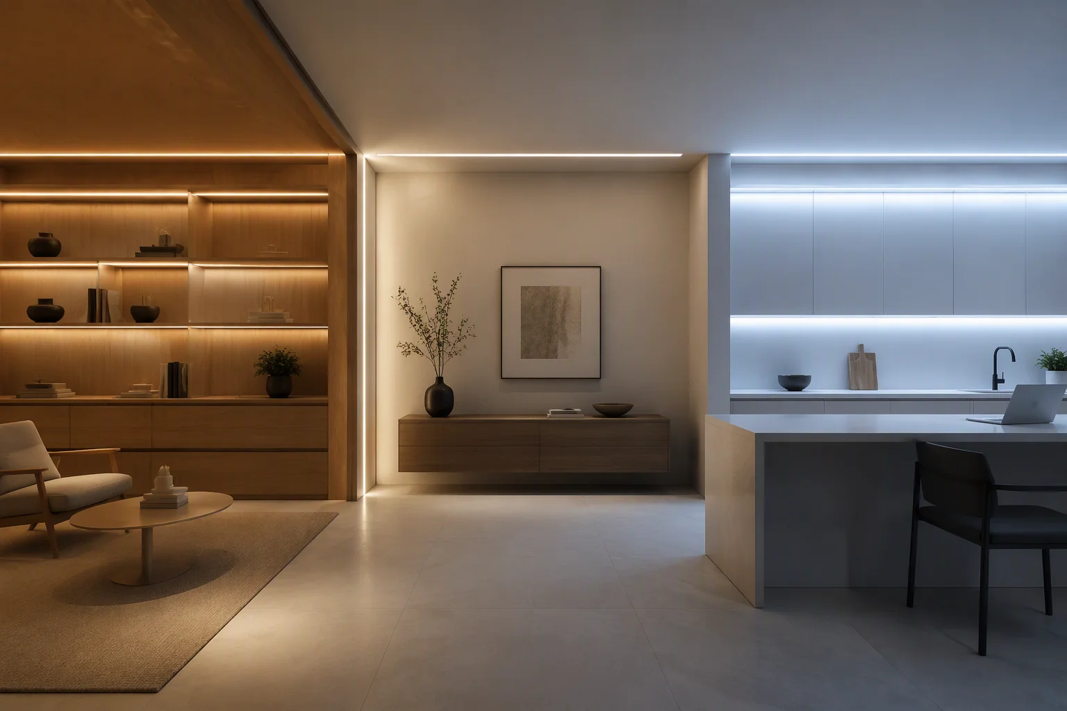 Overview comparison of warm 3000K, neutral 4000K and cool 6000K LED white light