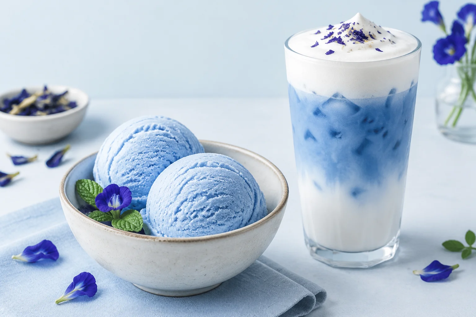 Butterfly pea flower sky blue ice cream, latte and dairy smoothie