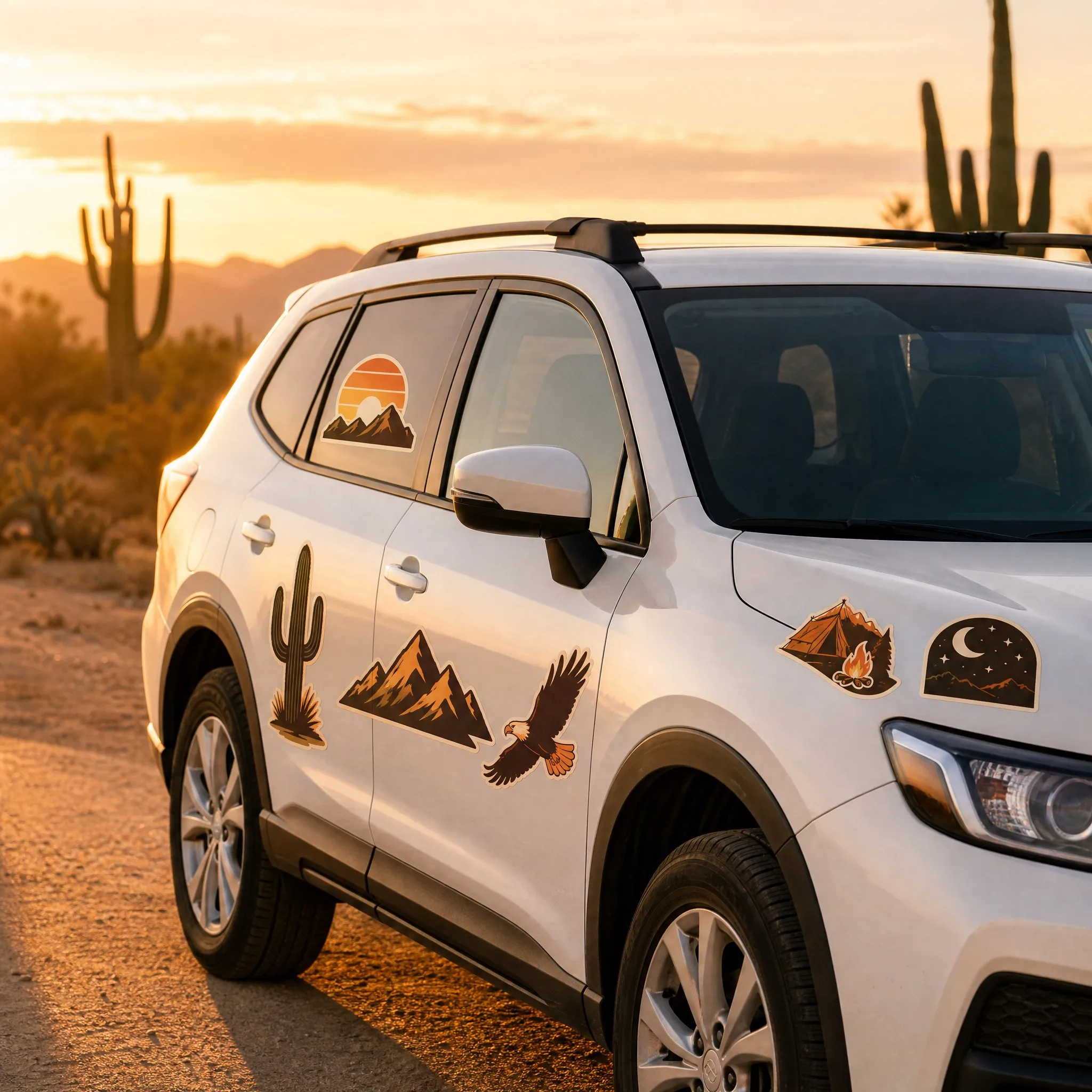 Retro car stickers applied on a white SUV in a desert landscape