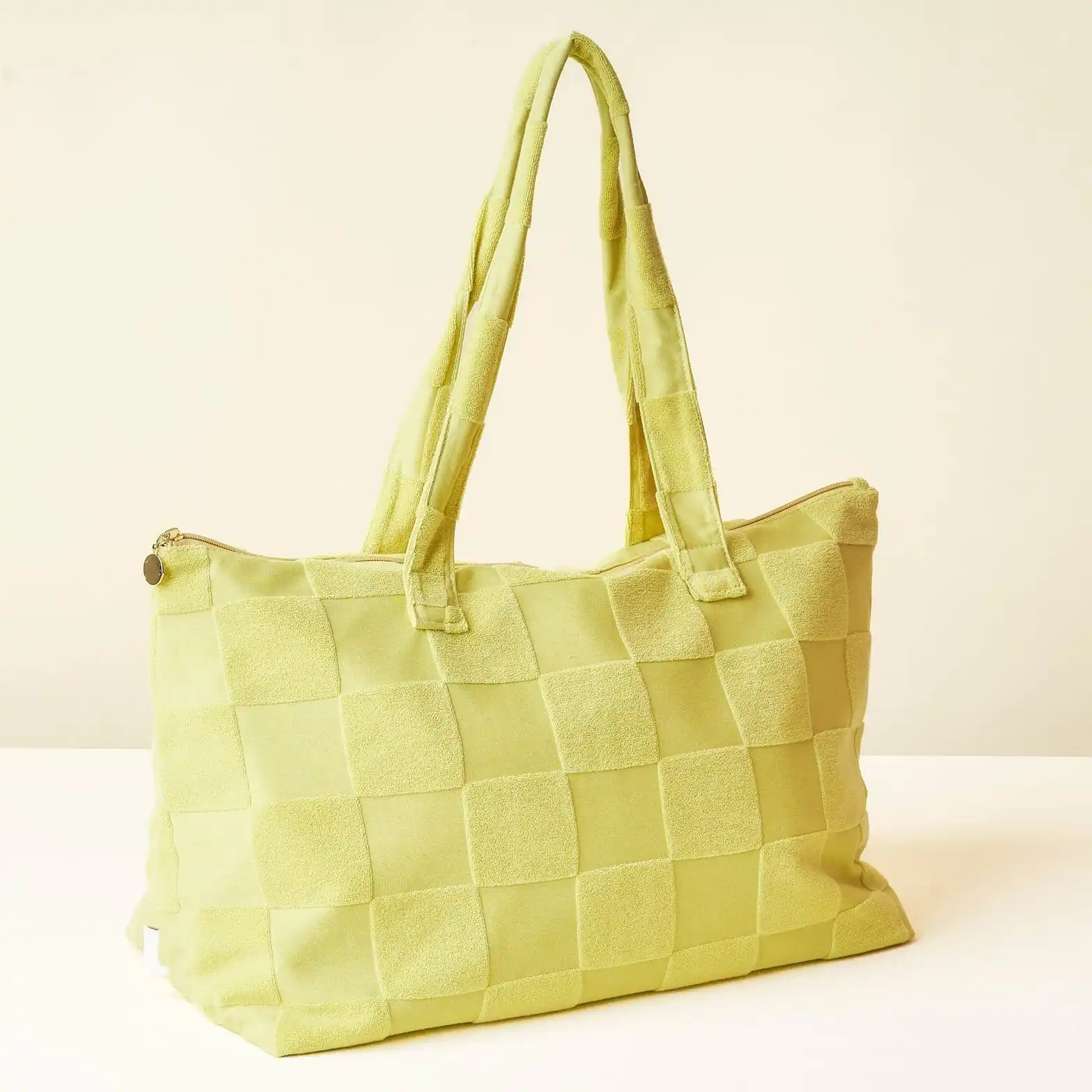 Lime checkerboard woven terry cloth beach tote