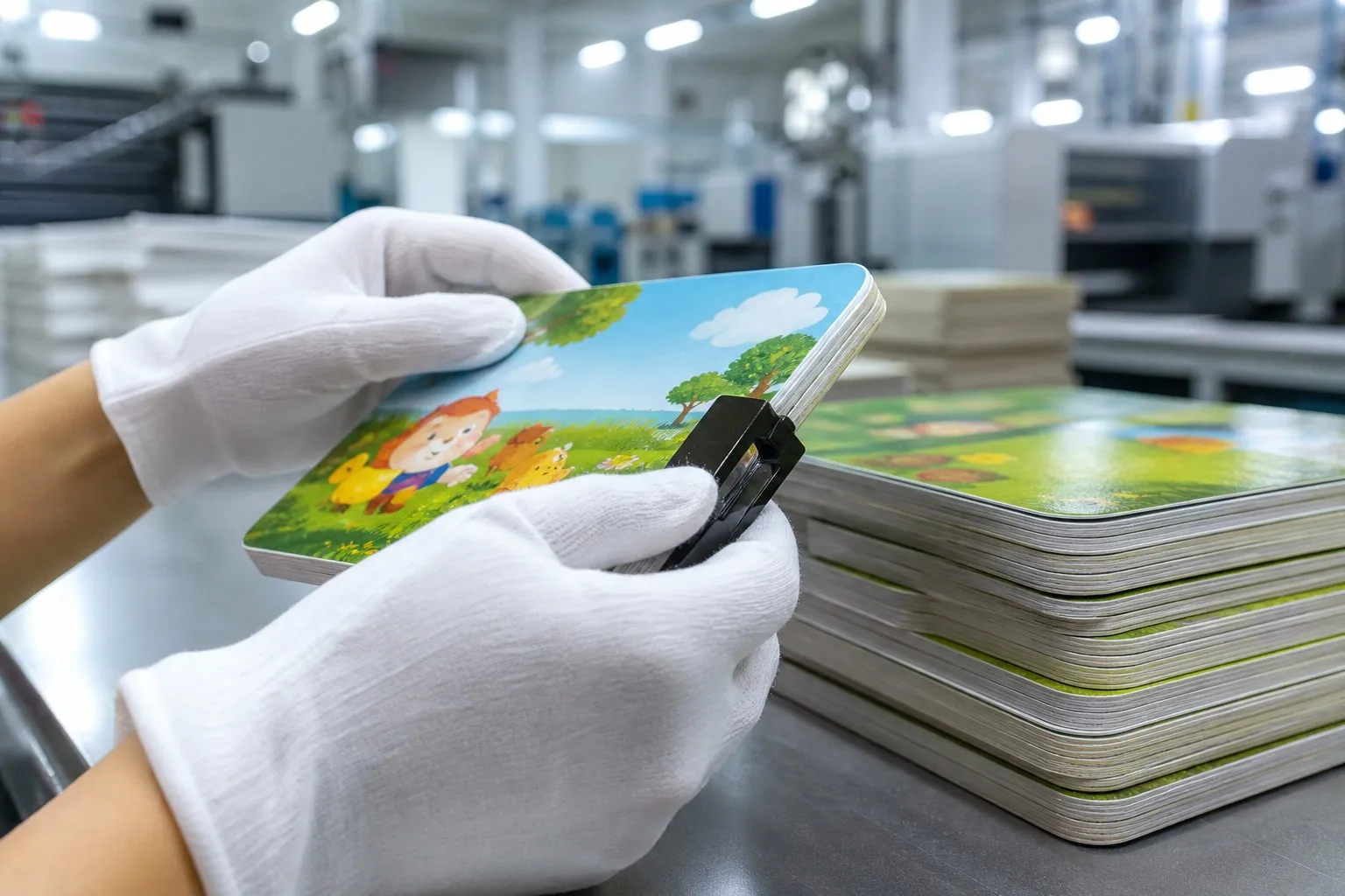 Chinese QC inspector checking board book rounded corners and lamination